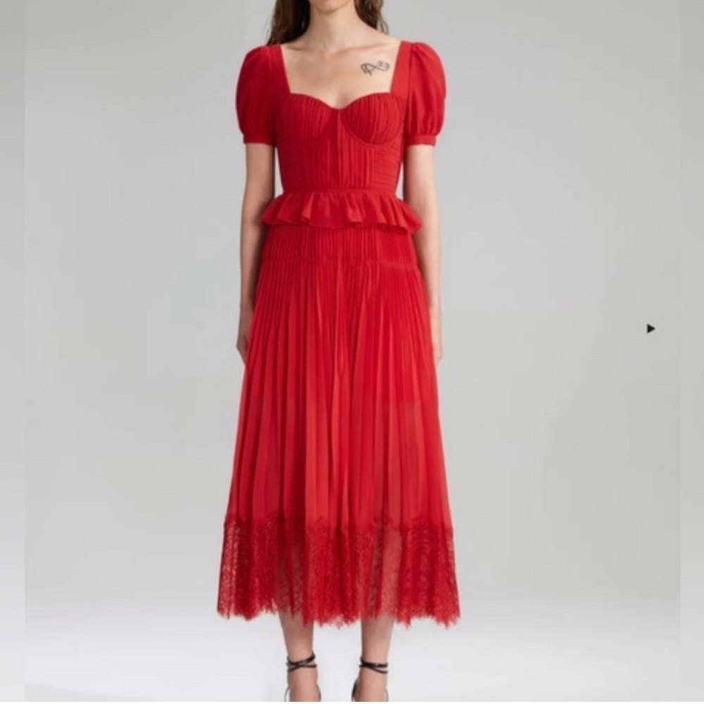 Self-Portrait Red Chiffon Pleated Midi Dress w/ lace trimmed skirt Size: 8